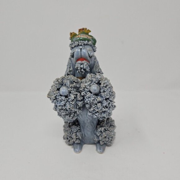 Vintage 1950s Spaghetti French Poodle Figurine Standing Beret Blue Grey Marked W - Picture 3 of 8